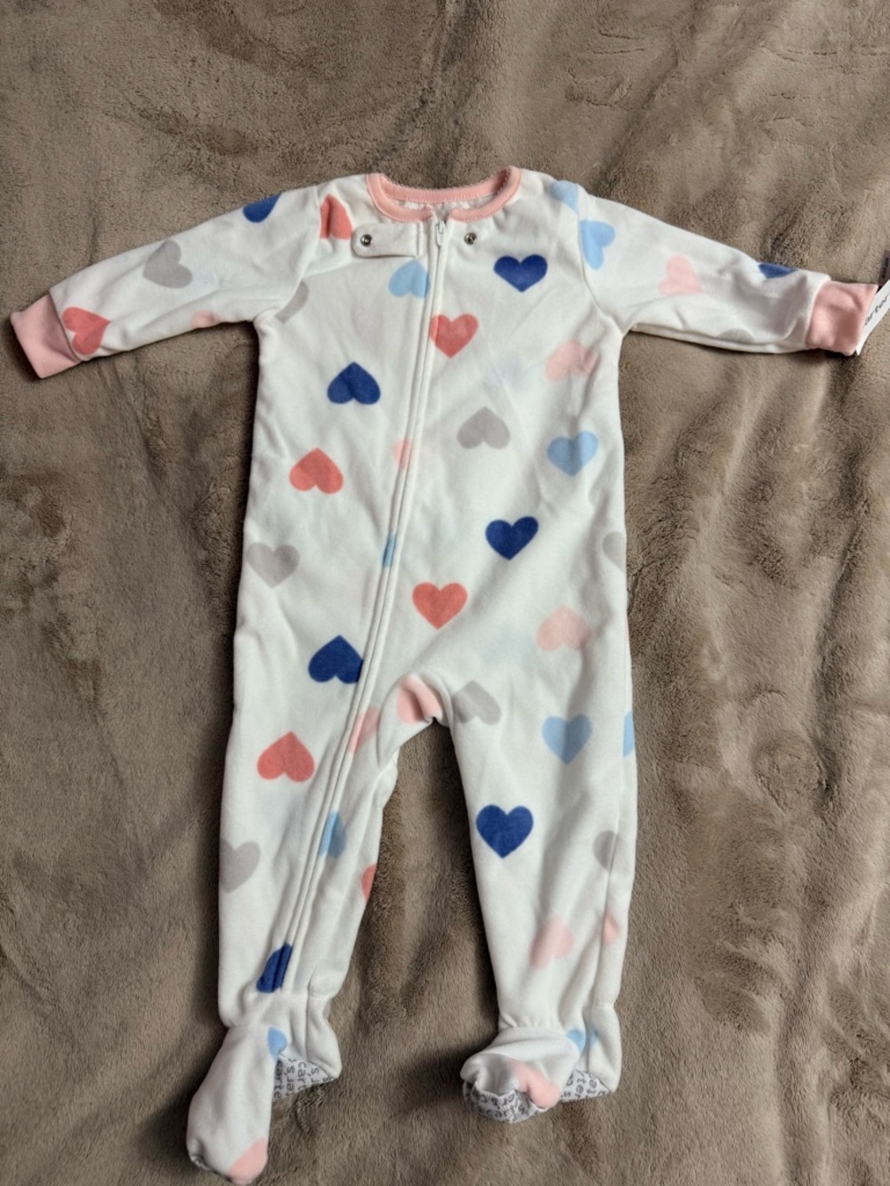 Carter's White Footed One-Piece with Pink, Blue & Gray Hearts